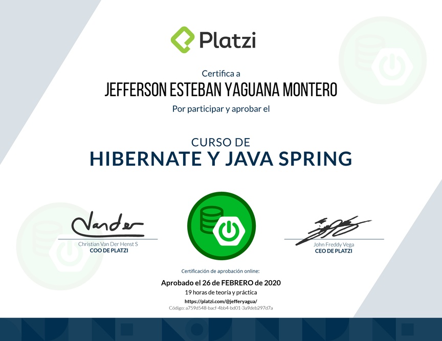 Diploma del Curso de Hibernate y Java Spring 2018