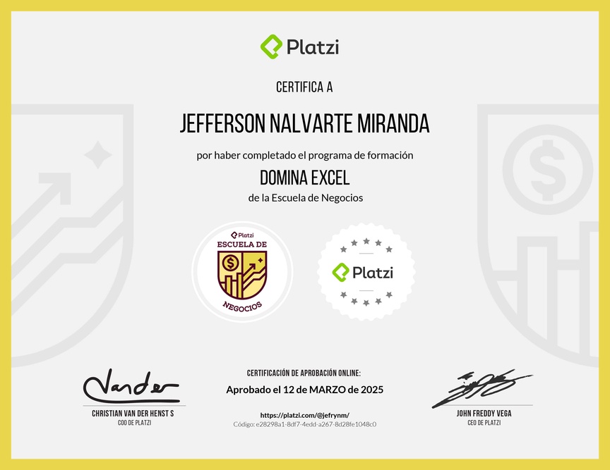 Diploma de la Ruta de Aprendizaje de Domina Excel