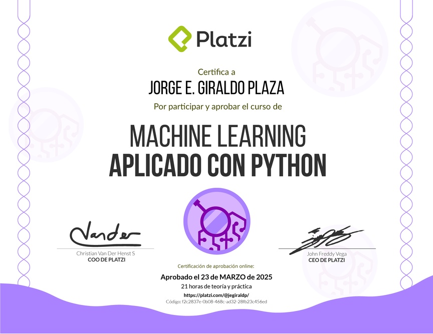 Diploma del Curso de Machine Learning Aplicado con Python