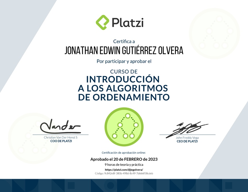 Diploma del Curso de Introducción a los Algoritmos de Ordenamiento