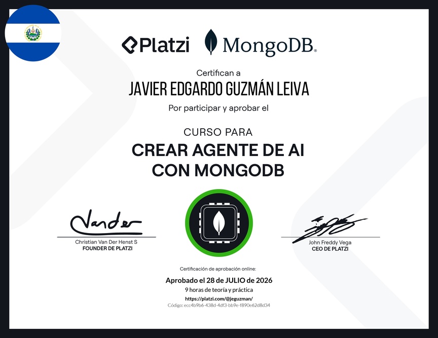 Diploma del Curso para Crear Agentes de AI con MongoDB