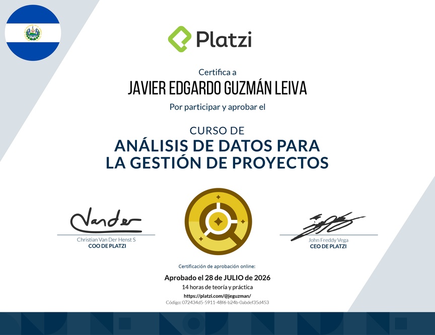 Diploma del Curso de Análisis de Datos para la Gestión de Proyectos