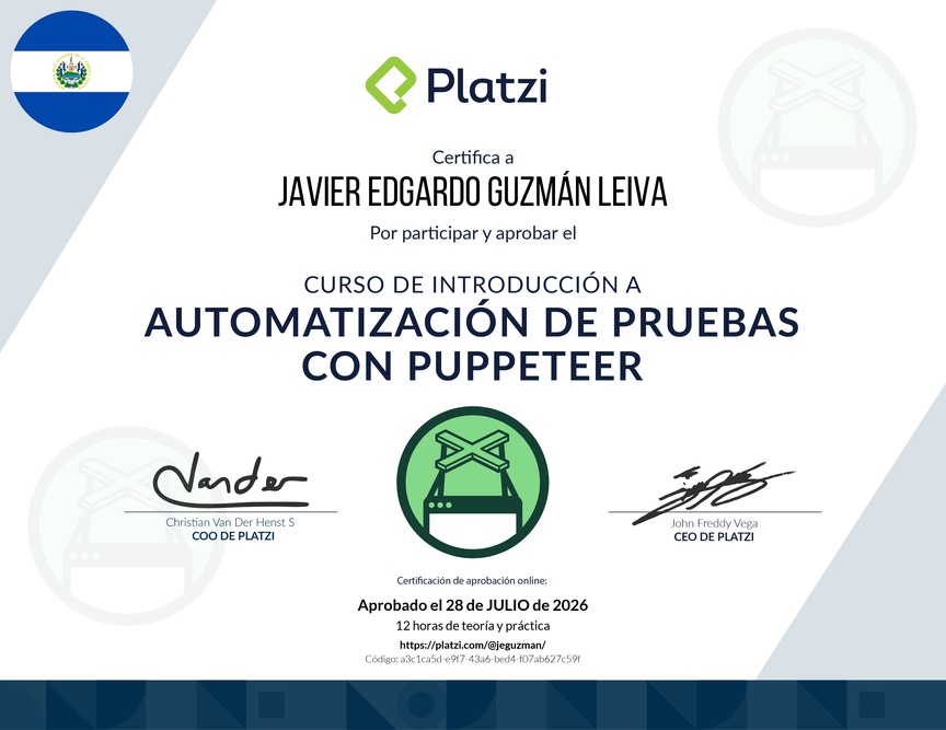 Diploma del Curso de Automatización de Pruebas con Puppeteer