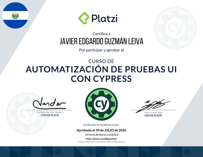 Diploma del Curso de Automatización de Pruebas UI con Cypress