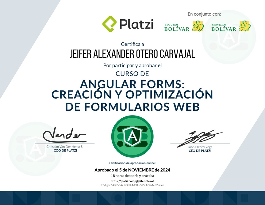 Diploma del Curso de Angular Forms: Creación y Optimización de Formularios Web