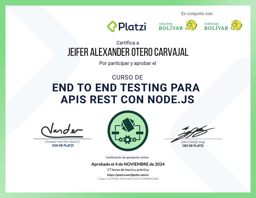 Diploma del Curso de End to End Testing para APIs REST con Node.js