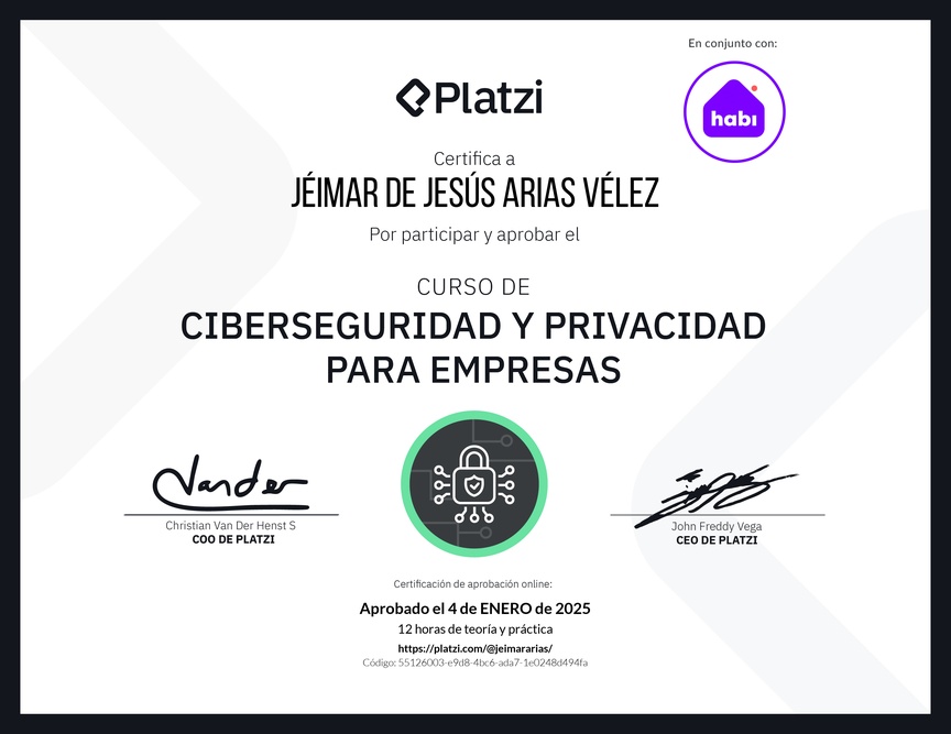 Diploma del Curso de Ciberseguridad y Privacidad para Empresas