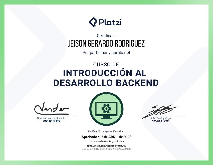 Diploma del Curso de Introducción al Desarrollo Backend