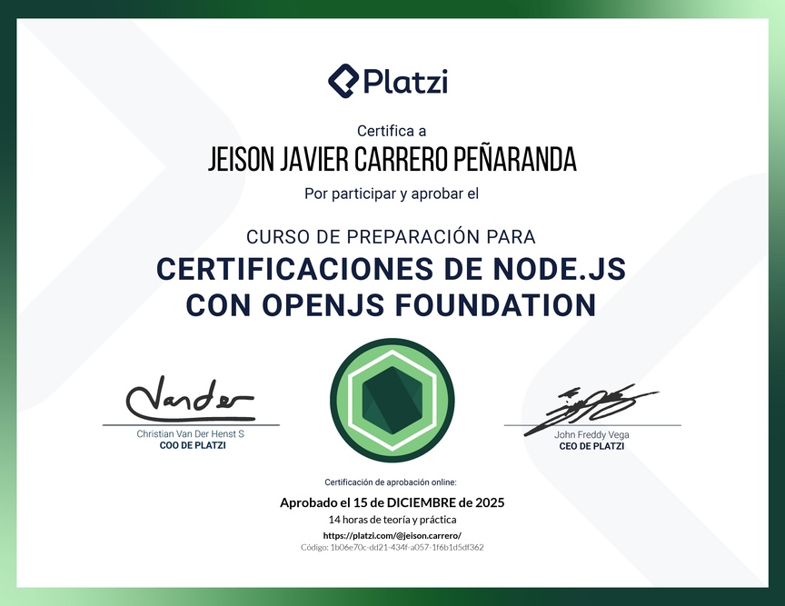 Diploma del Curso para Certificacion de Node.js con OpenJS Foundation 2023