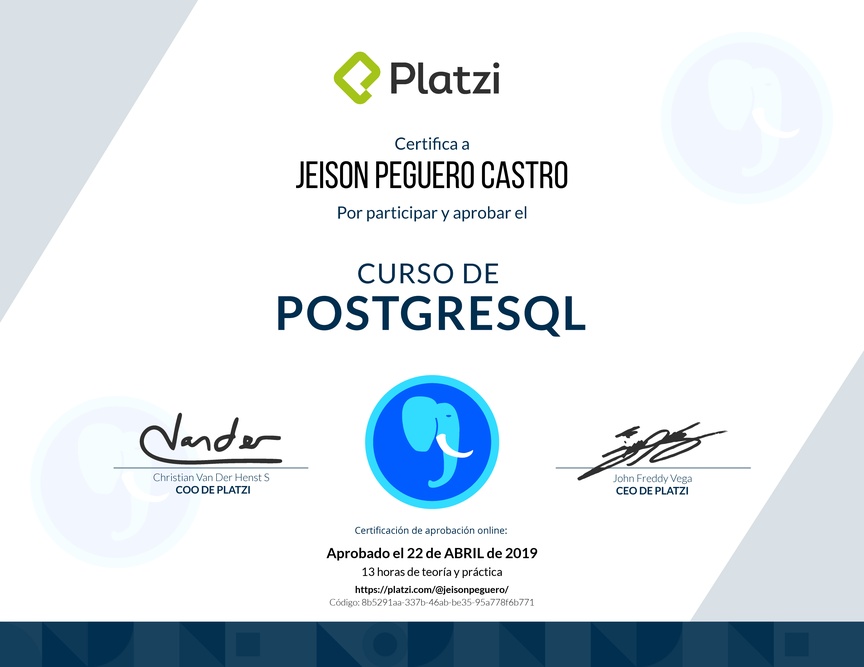 Diploma del Curso de PostgreSQL 2017