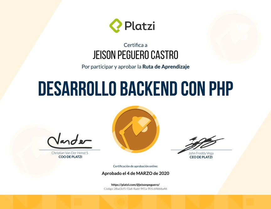 Diploma de la Ruta de Aprendizaje de Desarrollo Web Backend con PHP