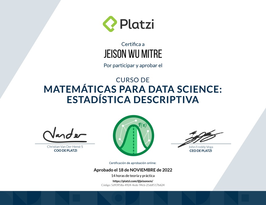 Diploma del Curso de Matemáticas para Data Science: Estadística Descriptiva
