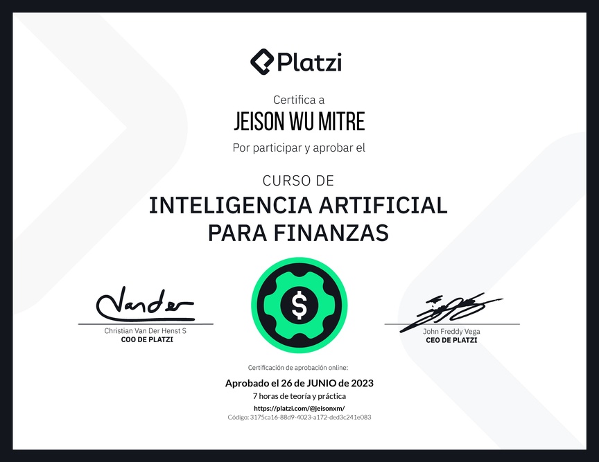 Diploma del Curso de Inteligencia Artificial para Finanzas