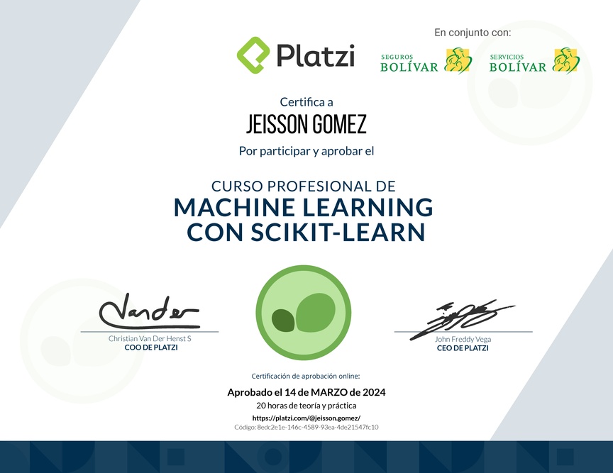 Diploma del Curso Profesional de Machine Learning con scikit-learn