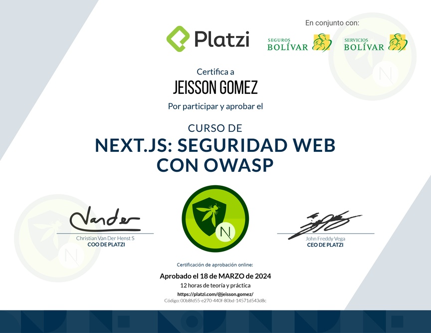 Diploma del Curso de Next.js: Seguridad Web con OWASP