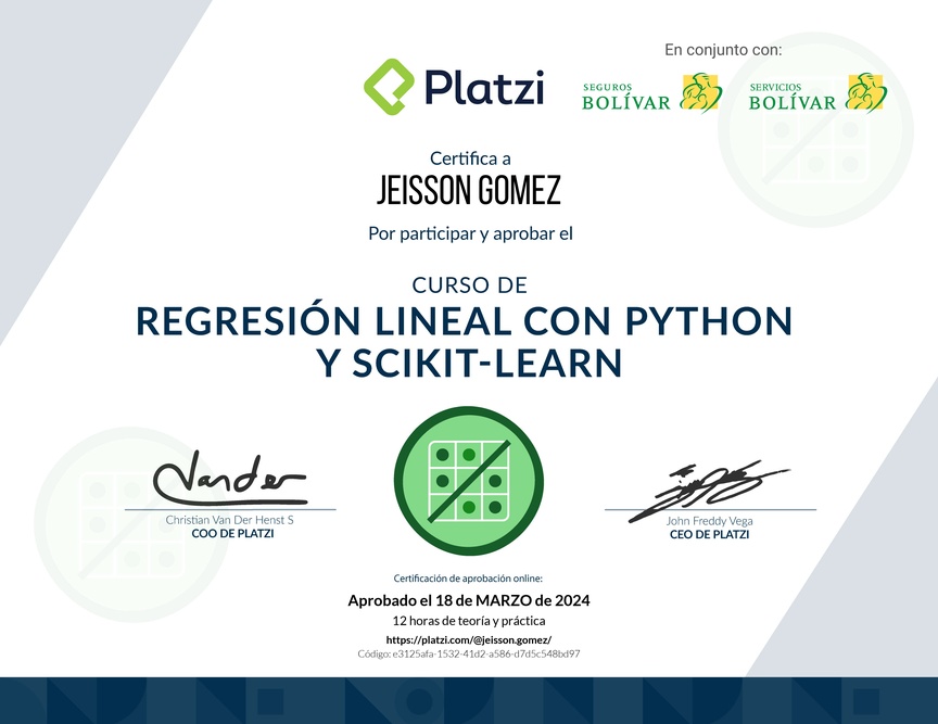 Diploma del Curso de Regresión Lineal con Python y scikit-learn