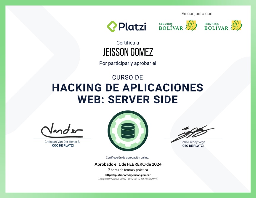 Diploma del Curso de Hacking: Aplicaciones Web Server Side