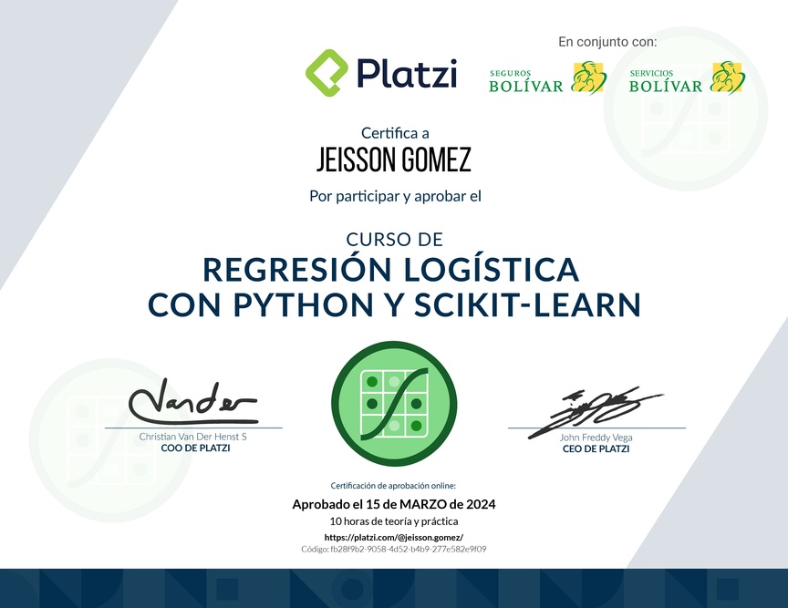 Diploma del Curso de Regresión Logística con Python y scikit-learn