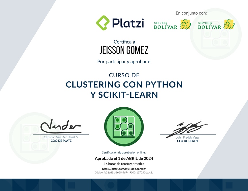 Diploma del Curso de Clustering con Python y scikit-learn