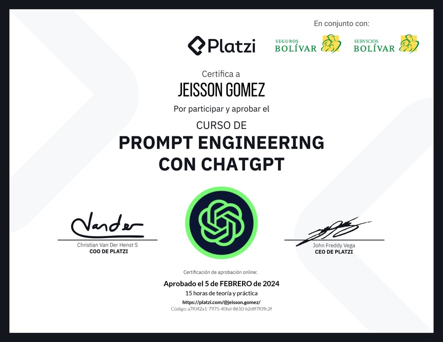 Diploma del Curso de Prompt Engineering con ChatGPT