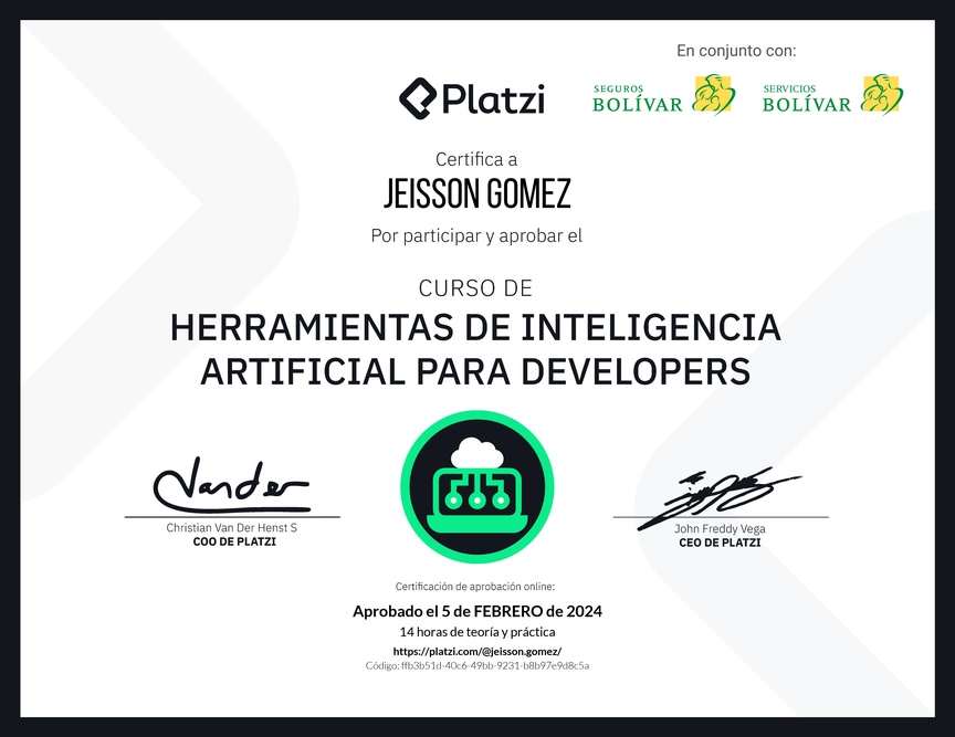Diploma del Curso de Herramientas de Inteligencia Artificial para Developers (2023)