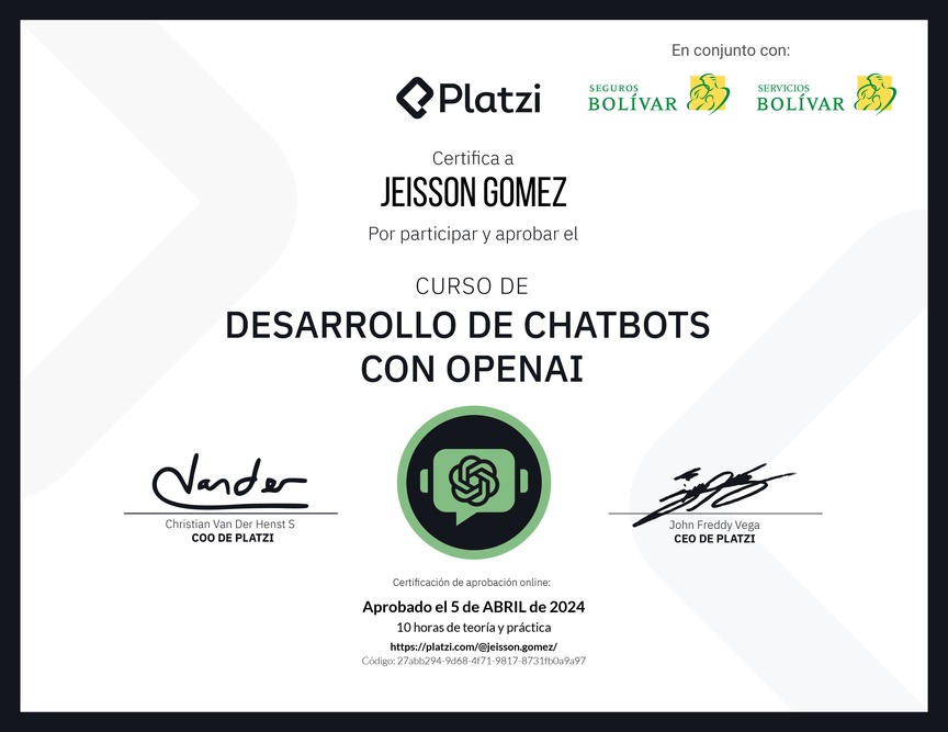 Diploma del Curso de Desarrollo de Chatbots con OpenAI