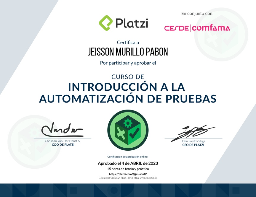Diploma del Curso de Introducción a la Automatización de Pruebas