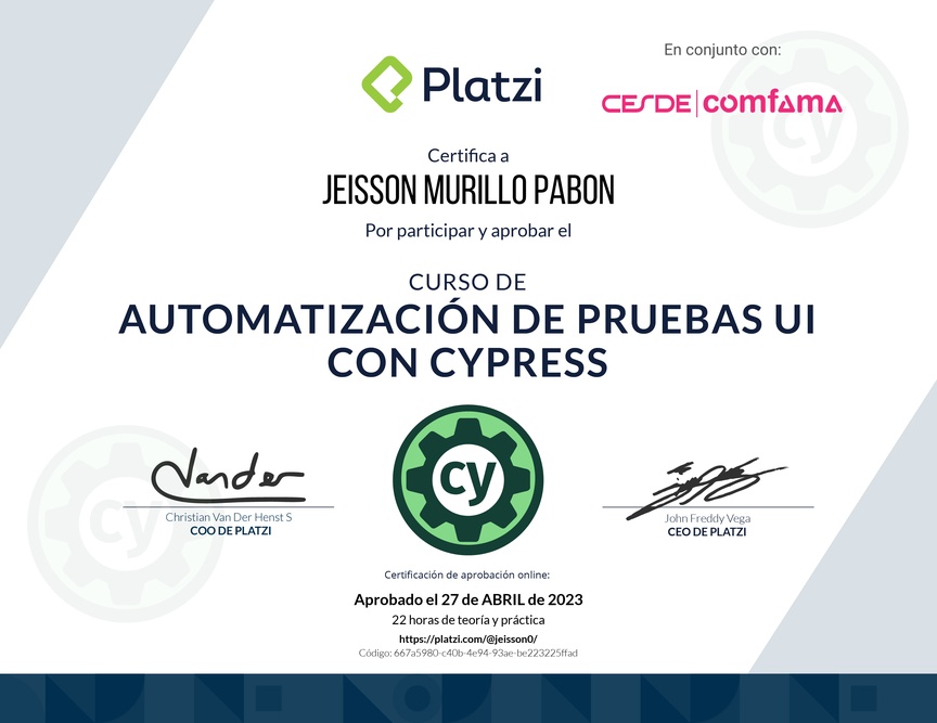 Diploma del Curso de Automatización de Pruebas UI con Cypress
