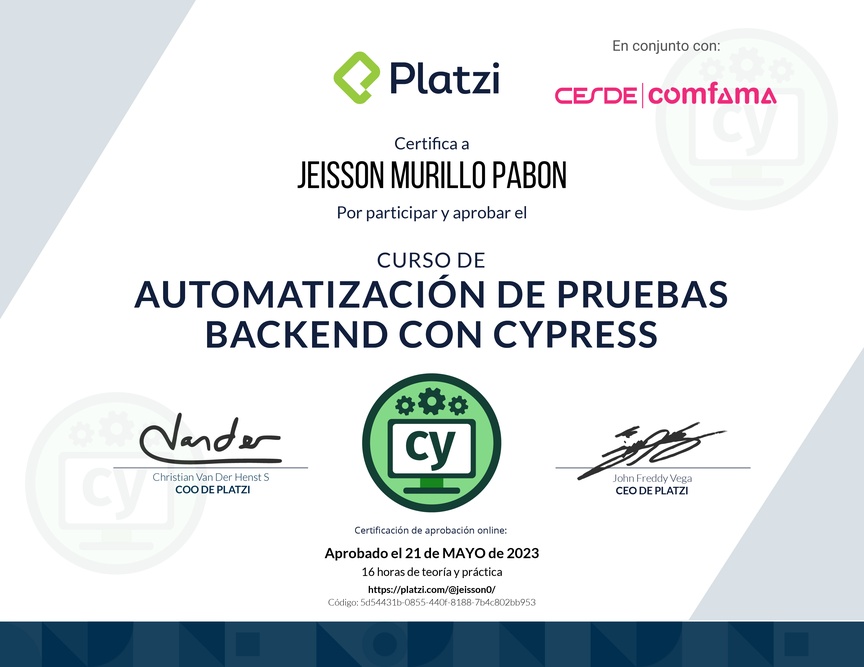 Diploma del Curso de Automatización de Pruebas de Backend con Cypress