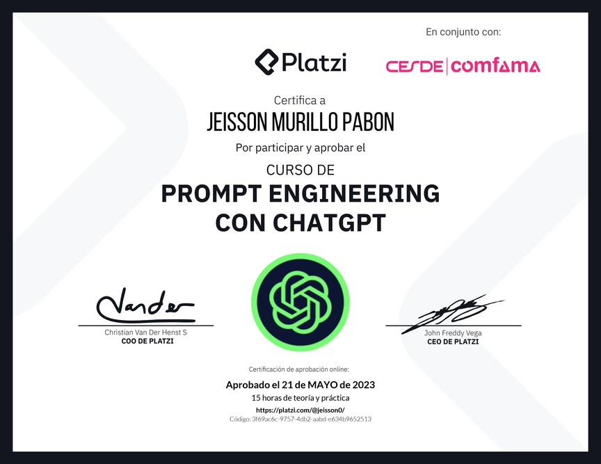 Diploma del Curso de Prompt Engineering con ChatGPT