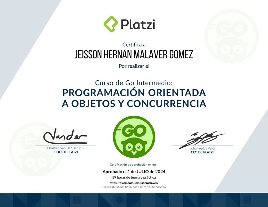 Diploma del Curso de Go Intermedio: Programación Orientada a Objetos y Concurrencia