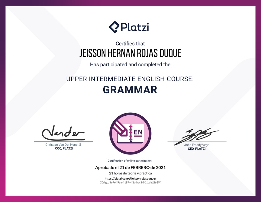 Diploma del Curso Intermedio Alto de Gramática en Inglés (2020)
