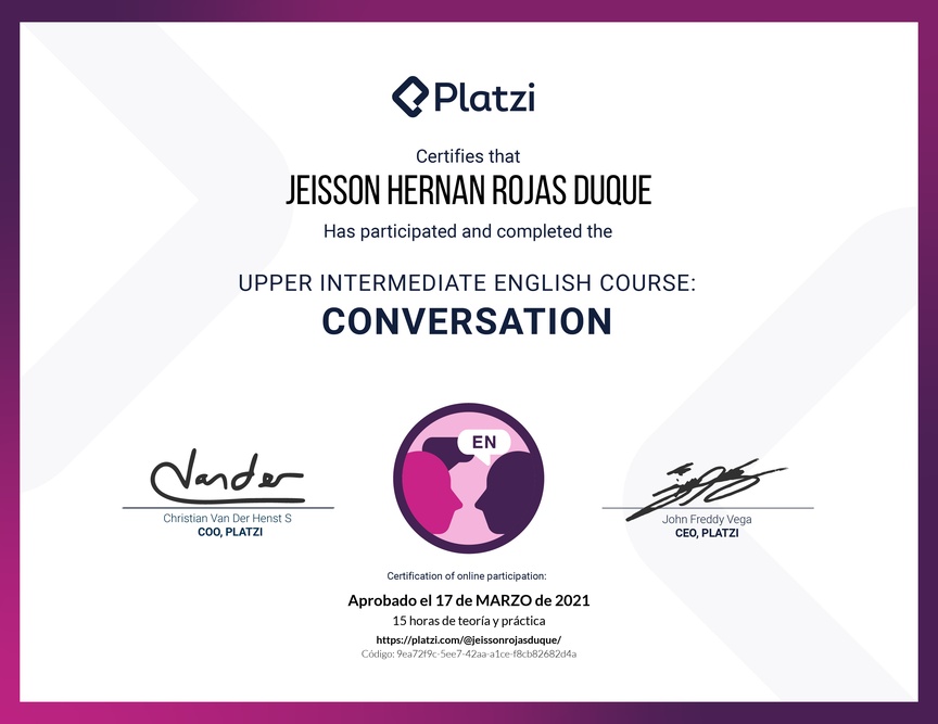 Diploma del Curso de Inglés Intermedio Alto: Conversación 2020