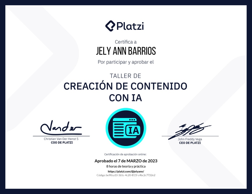 Diploma de Taller de Creación de Contenido con Inteligencia Artificial