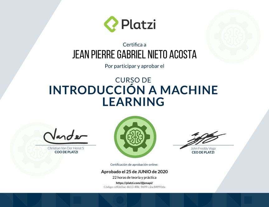 Diploma del Curso de Introducción a Machine Learning 2019