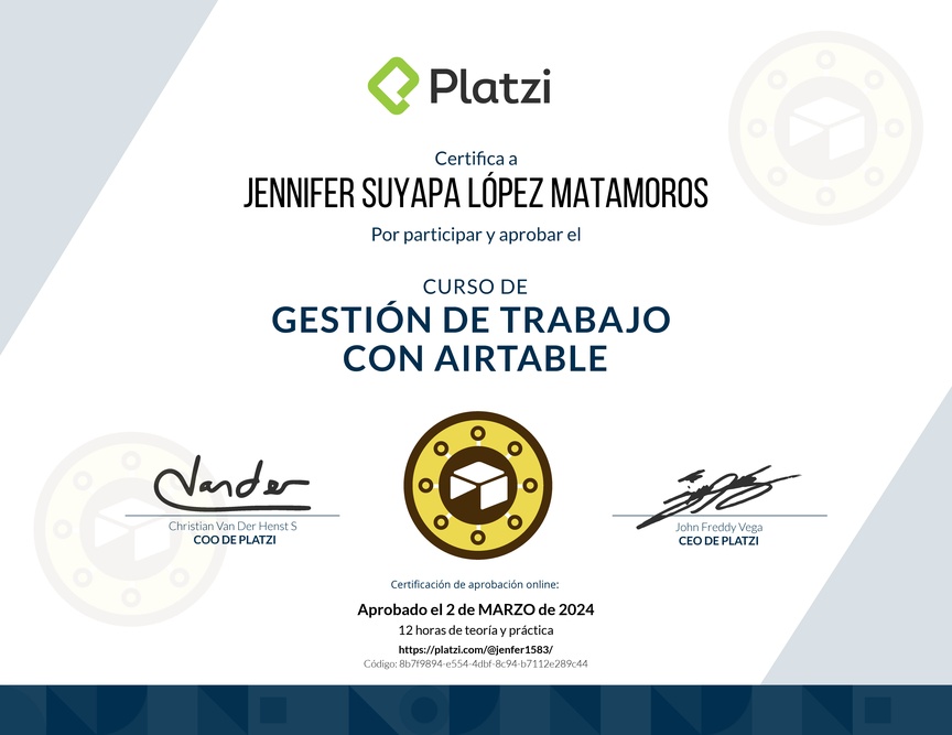 Diploma del Curso de Gestión de Trabajo con Airtable