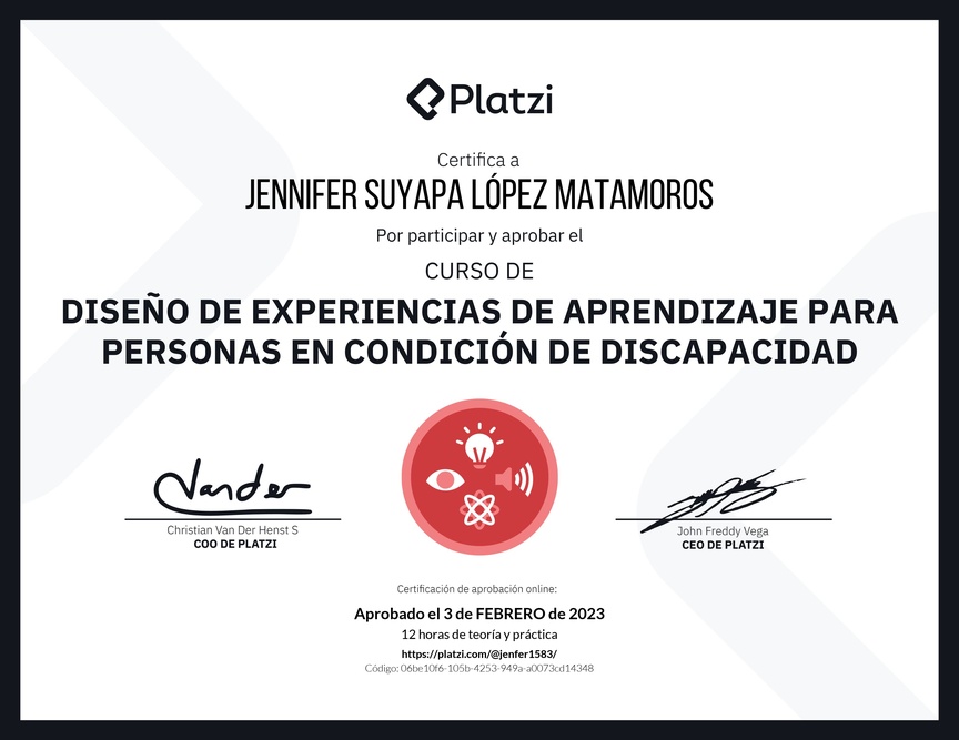Diploma del Curso de Diseño de Experiencias de Aprendizaje para Personas en Condición de Discapacidad