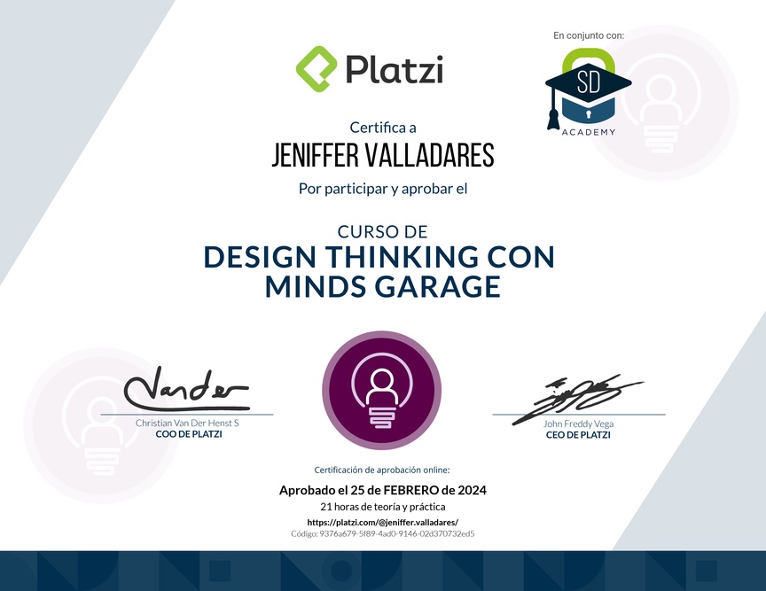 Diploma del Curso de Design Thinking con Minds Garage