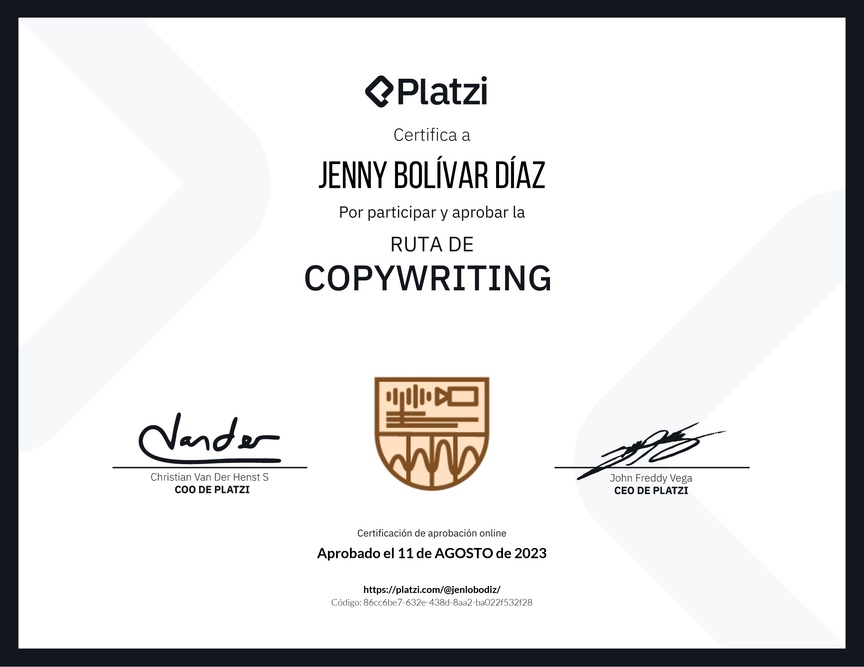 Diploma de la Ruta de Aprendizaje de Copywriting y storytelling  para creación de contenidos