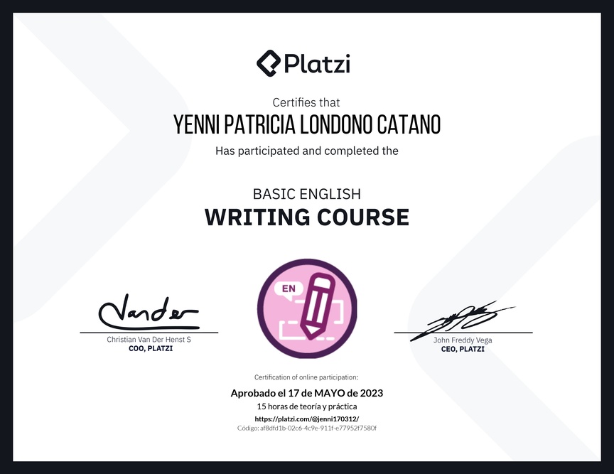 Diploma del Curso Básico de Escritura en Inglés