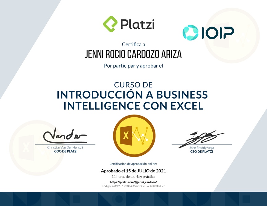 Diploma del Curso de Introducción a Business Intelligence con Excel