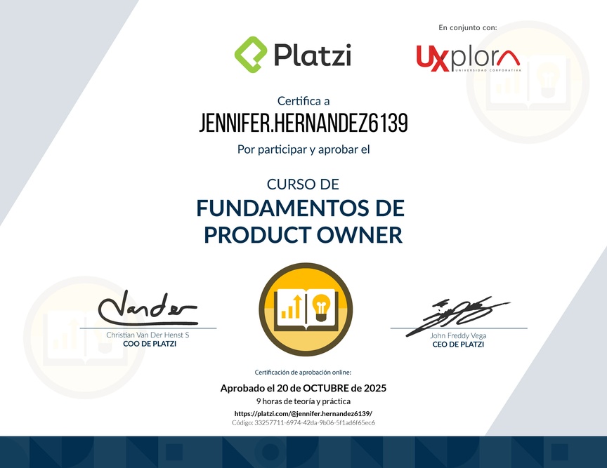 Diploma del Curso de Fundamentos de Product Owner