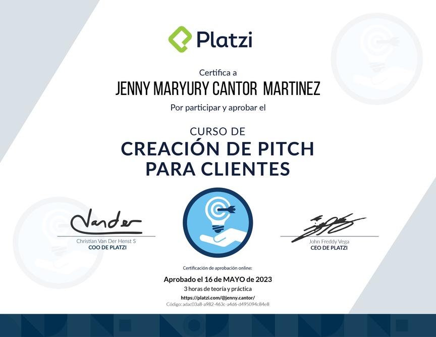 Diploma del Curso de Creación de Pitch para Clientes