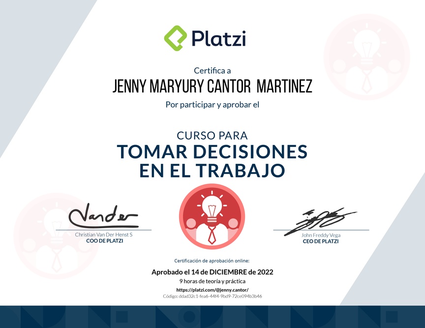 Diploma del Curso para Tomar Decisiones en el Trabajo