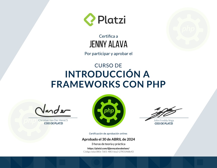 Diploma del Curso de Introducción a Frameworks de PHP