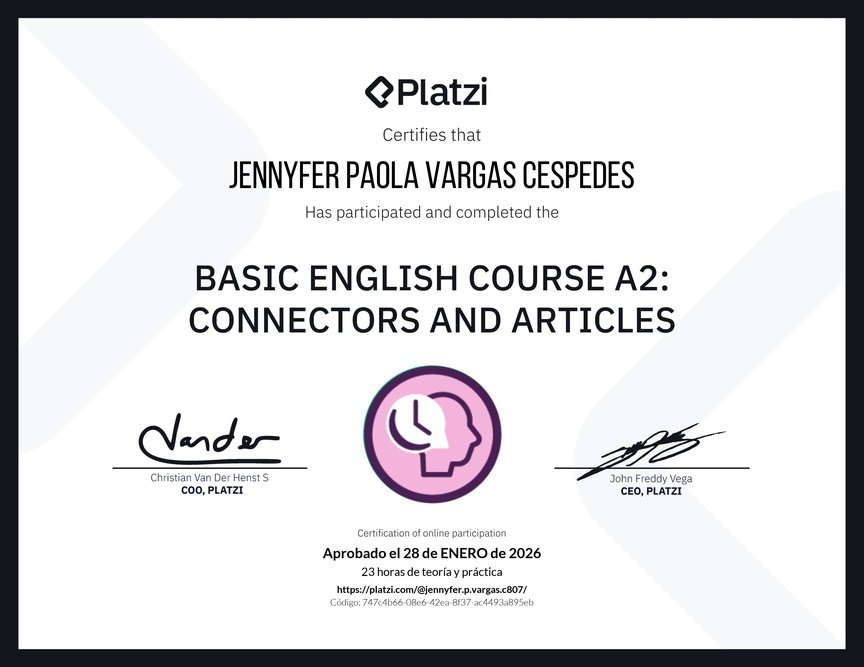 Diploma del Curso de Inglés Básico A2: Conectores y Artículos