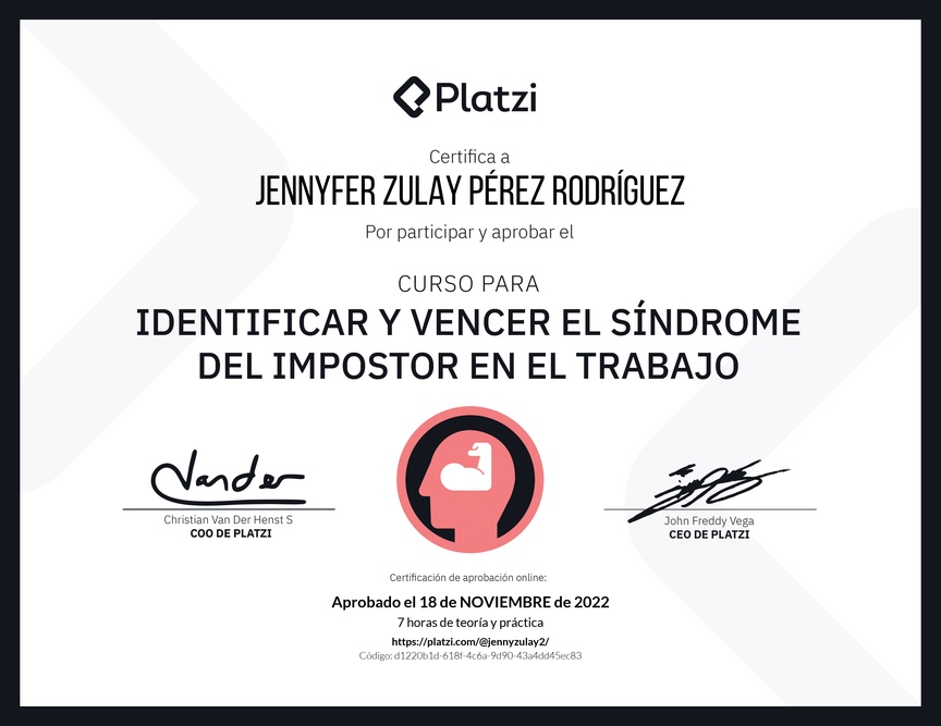 Diploma del Curso para Identificar y Vencer el Síndrome del Impostor