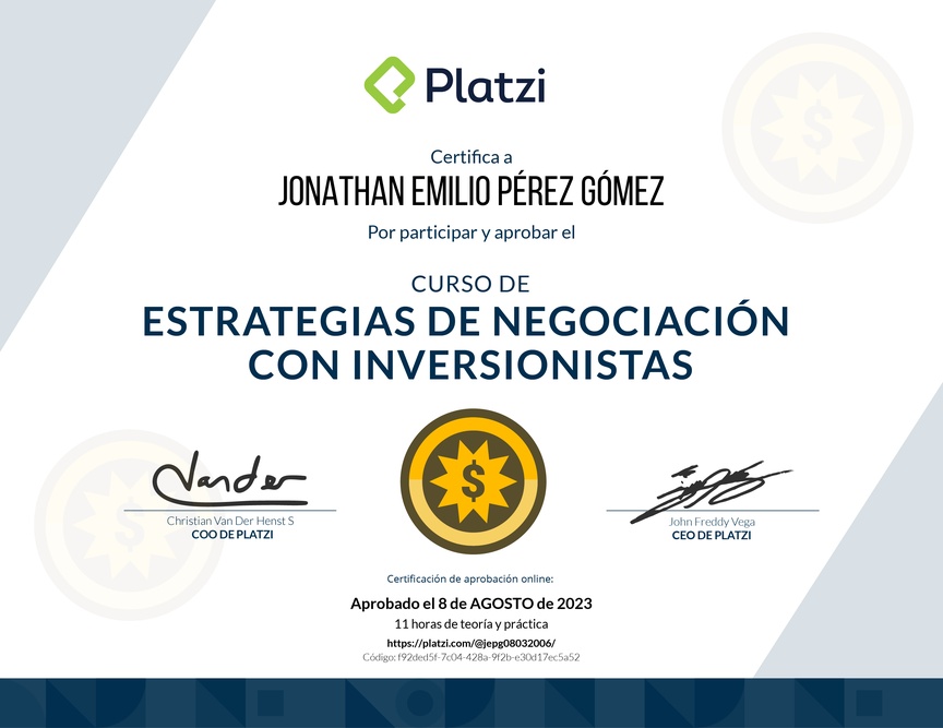 Diploma del Curso de Estrategias de Negociación con Inversionistas