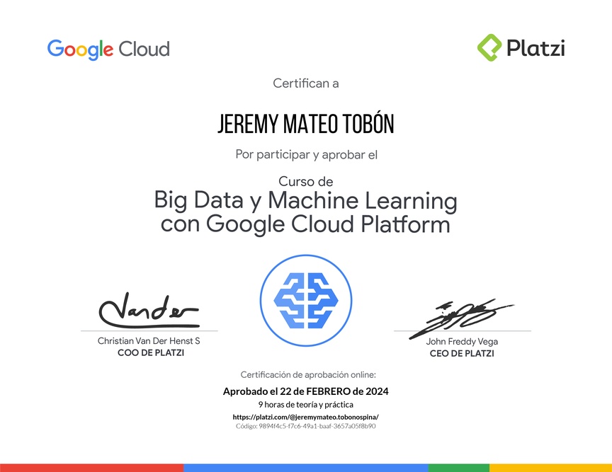 Diploma del Curso de Big Data y Machine Learning con Google Cloud Platform