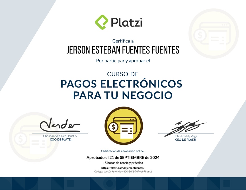 Diploma del Curso de E-Commerce para Implementar Pagos Electrónicos
